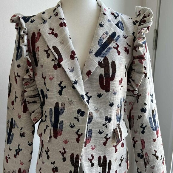 Chepè Ecru Multicolor Cactus Jacquard Ruffled Blazer with Metallic Thread – EU S - Picture 2 of 12